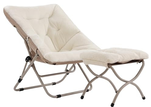 SESHINELL Bequemer Untertassenstuhl mit Ottomane, übergroßer Faltbarer Loungesessel aus Kunstfell, Lesesessel mit Metallrahmen, Moon Lazy Chair, Akzentstuhl für Schlafzimmer, Wohnzimmer, Schlafsäle