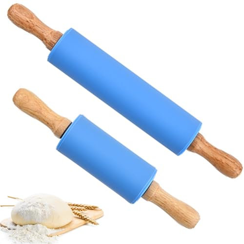 Mattarello Silicone con Manici in Legno,Mattarello in Silicone Antiaderente,Mattarello Con Manici In Legno,Mattarello Cucina,Antiaderente del Mattarello per Pasta di Zucchero,Ravioli,Dolci,2 Pezzi