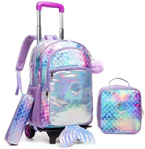 Egchescebo Kinder Meerjungfrau aus Leder Rucksack mit Abnehmbare Rollen Kinderkoffer 17” Mädchen für Koffer Schultrolley Trolley Groß Schultasche Kindergepäck 3pcs Sätze Geeignet für Grundschüler Lila