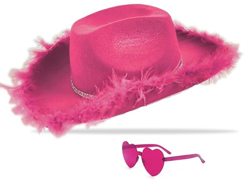 db11 Cowboyhut Cowgirlhut mit Pailletten Rodeo Partyhüte mit Herz Brille (Hot Pink)