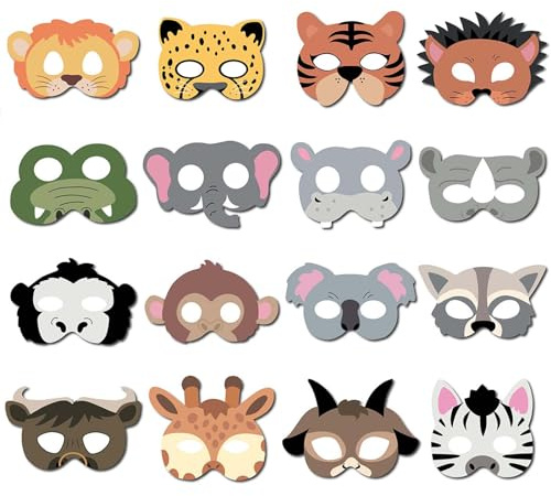 ElevaPulse Tiermasken 16 Stück Verkleidungskiste für kinder Party Animals Masken Set Dschungel Deko Geburtstag Cosplay Zubehör Mit Gummiband Pferdemaske Löwe Tiger Giraffe