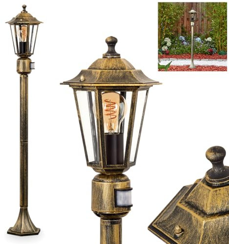 HOFSTEIN Lampada da esterni Loria, lampada da sentiero con sensore di movimento in metallo/vetro color oro/marrone chiaro, lampada da esterno effetto antico, altezza 107 cm, illuminazione da giardino