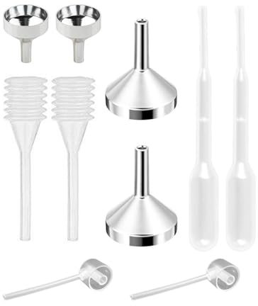 MUNSKT Juego de 10 Piezas Mini Embudo de Aluminio Metal, Gotero de Plástico Dispensador para Botella de Aceite Esencial, Llenado de Botella Pequeña, Purpurina en Polvo, Cosméticos, Manualidades, Arena