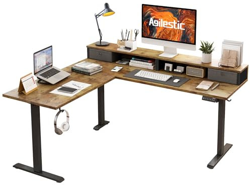 Agilestic L-förmiger elektrischer Stehschreibtisch mit 2 Schubladen, 160 cm ergonomischer höhenverstellbarer Schreibtisch mit Stauraum, Eckschreibtisch für Home Office,braun