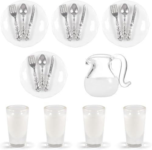 15 piezas casa de muñecas cocina accesorios de vajilla,Cubertería y platos en miniatura,1/12 platos y cubiertos en miniatura, tazas de leche en miniatura, accesorios para casa de muñecas