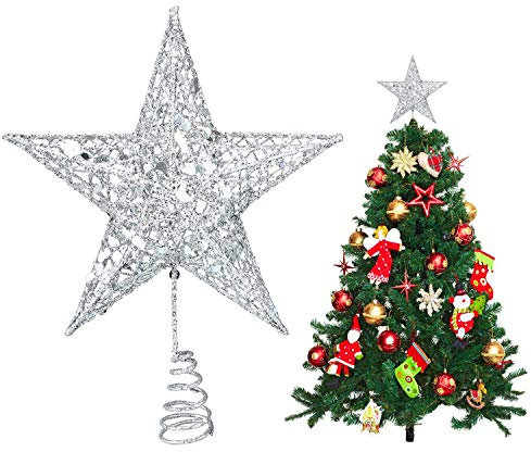 Metal Glittered Christmas Tree Topper Silver Star Christmas Tree Topper for Christmas Tree Ornament, 8 Inches (Silver)