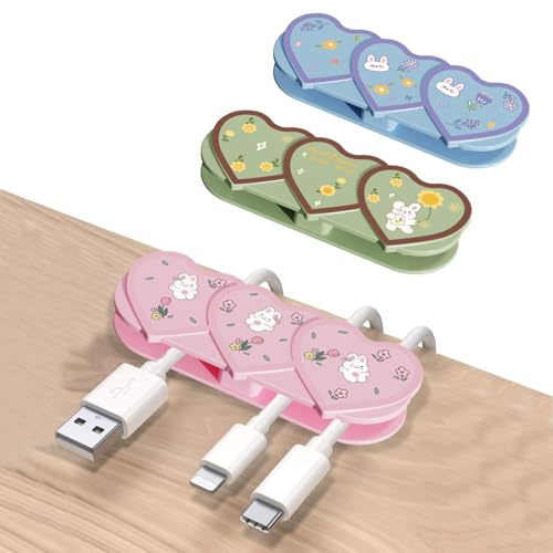 DiyGody Cute Cable Clips Cord Organizer, Self Adhesive Cable Management 3 Packs Love Heart Cartoon Bunny Cable Organizer Cord Holder for Office Home Car and Desk (Blue&Green&Pink)