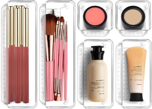 JAONLD 6 Pezzi Organizer per Cassetti in Plastica Trasparente, Set di Organizer Cassetti Bagno di 4 Dimensioni, Organizzatore Cassetti Impilabili, Contenitori per Cassetti per Bagno, Cucina, Trucchi