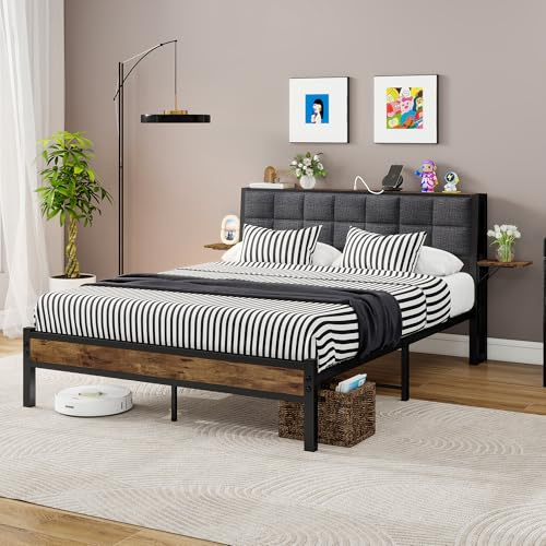 JUISSANO Double Bed Frame with Storage,Metal Bed Frame Double Bed Upholstered Platform Bed with Charge Station and USB Ports,Removable Bedside Shelf,Easy Assemly,Black+Grey