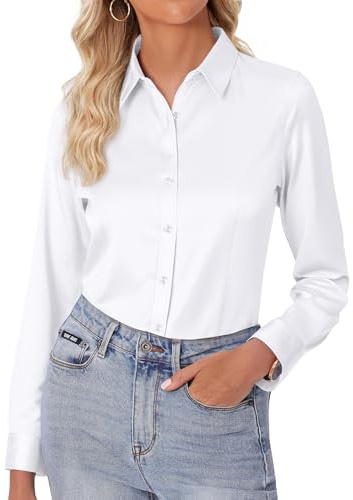 siliteelon Damen Bluse Hemdbluse Hemd Damen Bügelfrei Elegant, Weiß, M