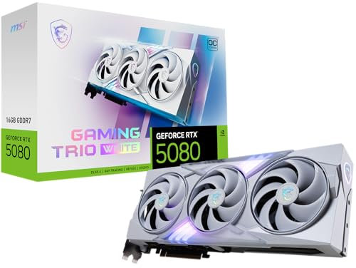 MSI NVIDIA GeForce RTX 5080 16G Gaming Trio OC White Carte Graphique - 16 Go GDDR7 (30 GB/s, 256-bit), PCIe 5.0 - TRI FROZR 4 (3 x Ventilateurs STORMFORCE), RGB - HDMI 2.1b, DisplayPort 2.1b