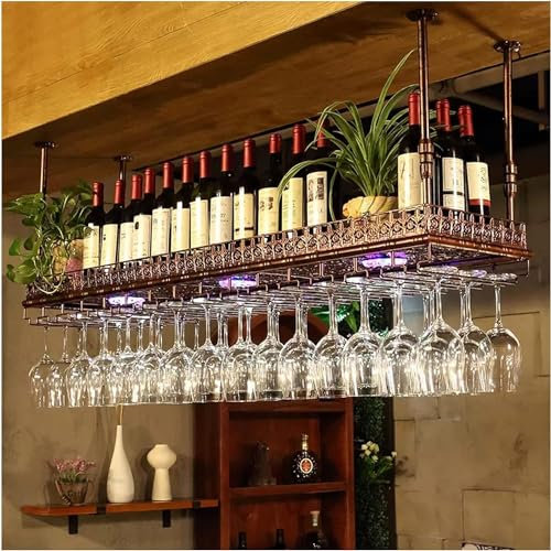Soporte de techo para colgar copas de vino vintage para bares y restaurantes, hierro de metal boca abajo (bronce, 80 cm x 35 cm)