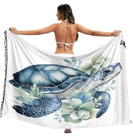 RPLIFE Musiknoter svart baddräkt sarong, sarong tofsar, badsjal, sommarsjal, Havssköldpadda i akvarellstil, L