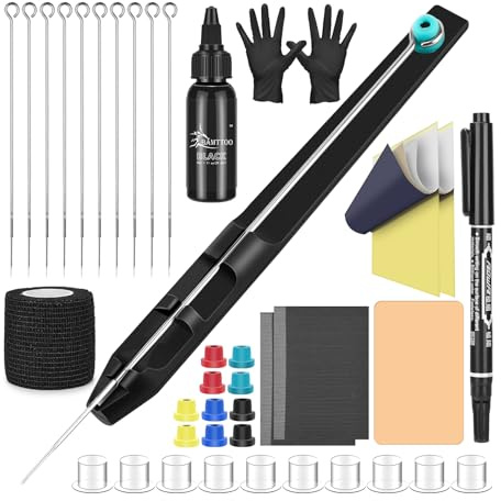 BAMTTOO Hank Poke Tattoo Kit Beginner Hand Home Tattoo Supply Kits Ink Needles Practice Skin Complete Set Stick DIY Tattoo Poke Pen Set Tattoo Supply