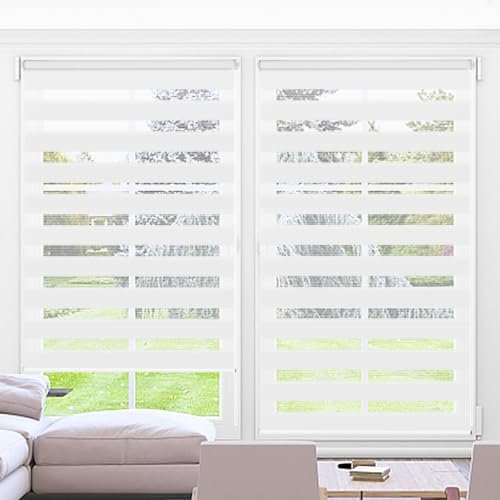 Kokorona Day and Night Blinds Zebra Roller Blinds for Windows, Dual Layer Fabric Zebra Blinds for Doors, Light Filtering Privacy Day Night Shades, 65cm Wide x 230cm Drop, White