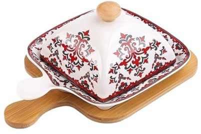 ZZlei2yu-12 Mantequera con Tapa Mantequera de cerámica, mantequera, Plato for Aperitivos con Tapa, Plato pequeño, Plato Mantequillera(Red)