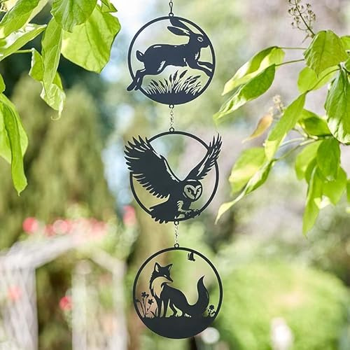 Garden Mile Woodland Hanging Tree Decoration 62cm – Metal Animal Garden Ornament (Rabbit, Owl, Fox), Round Outdoor Tree Hanger for Patio, GardenDecor in Black