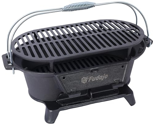 Portable Cast Iron Hibachi Grill - Tabletop Charcoal Grill for Camping, Tailgating & Patio | Oval Design with Cooking Grate | Compact BBQ Stove (15.5)