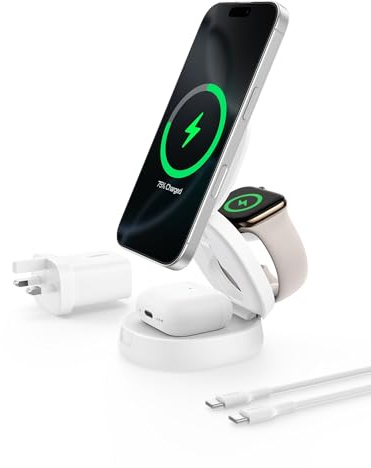 Belkin MagSafe-Compatible Charger, 3-in-1 Convertible Wireless Charging Station, Qi2-Certified 15W Wireless Charger for iPhone 17, Air, Apple Watch, AirPods, Pixelsnap, 36W Plug Included - White