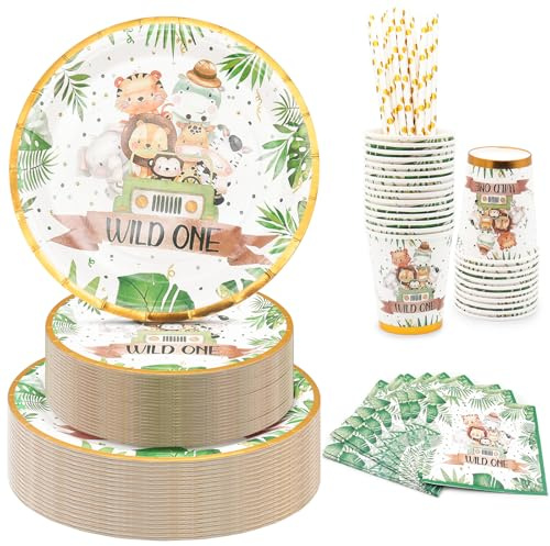 Set de vaisselle festif, comprenant des assiettes, des gobelets, des serviettes et des pailles en papier compostable, set de pique-nique jetable (Estampage à la feuille d'or : 15 personnes)