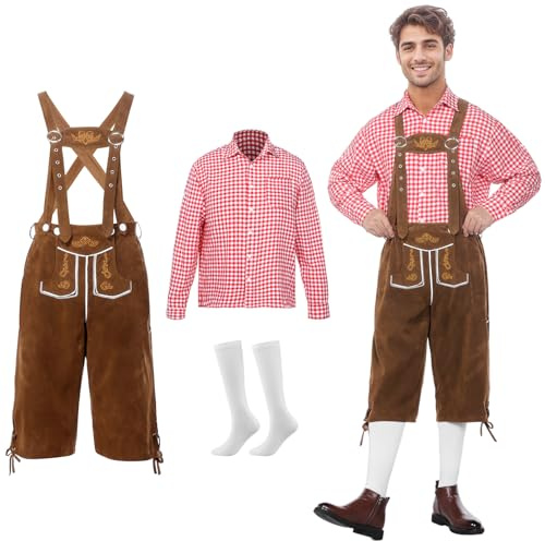 Harsever Costume Oktoberfest Homme,Tenue Costume Bavaroise Homme 3pcs Lederhosen avec Chaussettes Chemise Carreaux,Vêtements Traditionnels Hommes pour Halloween Oktoberfest