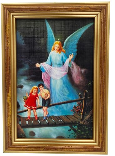 Lunexus Schutzengel Bild 17x12 cm - Holzrahmen, Echtglas | Motiv Engel führt Kinder über Brücke - Wandbild mit D-Ring, Nagel & Dübel - Ideal für Kinderzimmer, Taufe, Kommunion