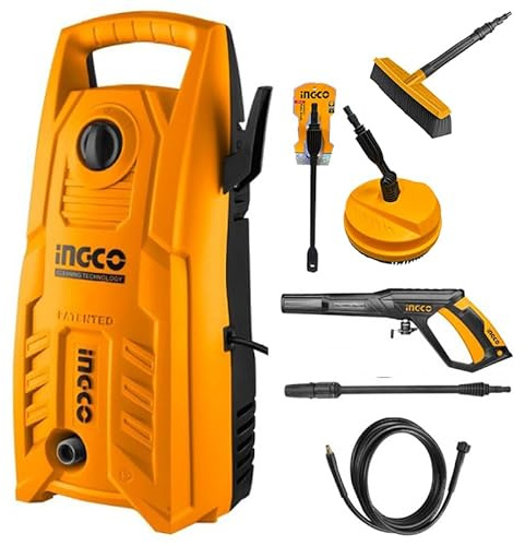 Ingco Idro1400Set2man Idropulitrice 1400 W 130 Bar Set con Lancia Spazzola Triangolare e Spazzola circolare Rotante