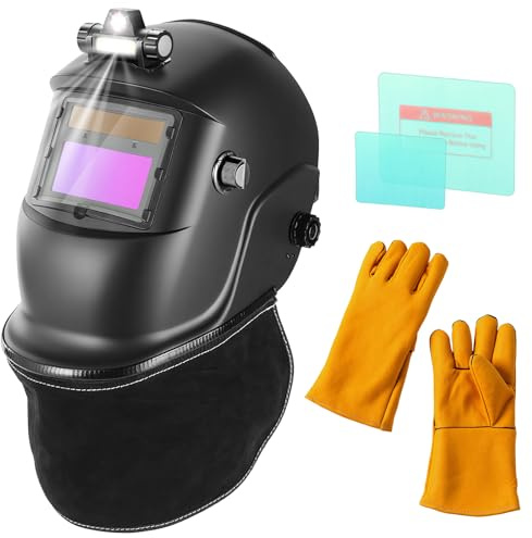 BOSYTRO Schweißmaske mit Licht, Automatisch Abdunkelnder, Solarbetriebener Schweißhelm mit 2 Schutzfolien + Schweißhandschuhen + Nackenschutz aus echtem Leder, Einstellbare Tönung 9-13 für Wig/MIG