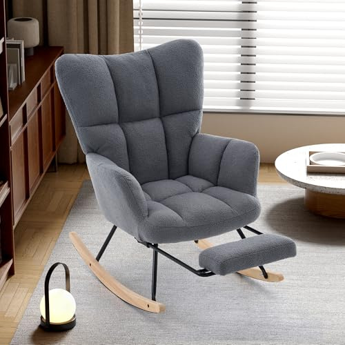 okwish Schaukelstuhl Schaukelsessel Wohnzimmer verdickte Relaxsessel mit Fußstütze, geeignet für Wohnzimmer/Schlafzimmer/Balkon, Sherpa-Fleece, grau