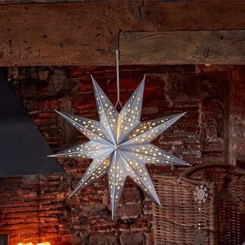 Marco Paul Large 50cm LED Origami Star Christmas Decoration Battery Operated Hanging Ornament with Auto Timer Silver Light Up Indoor Xmas Home Décor Display