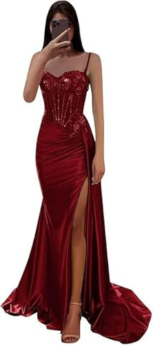 Generico Abiti da Ballo in Satin Abiti da Sera con Applicazioni in Pizzo a Sirena Abito da Sera con Corsetto Plissettato e Spacco Borgogna M