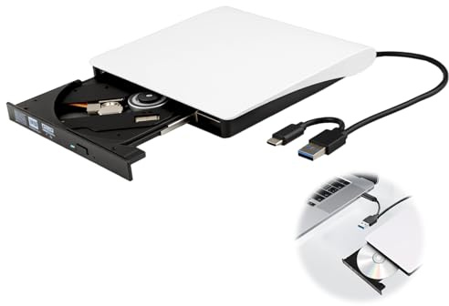 External CD DVD VCD Drive USB 3.0 Type-C +/-RW Optical Portable Slim Player ROM Burner Writer Reader for Lenovo Dell HP ASUS Apple Laptop PC Desktop Windows/Linux11/10/7/8/Vista/XP Mac Macbook(White)