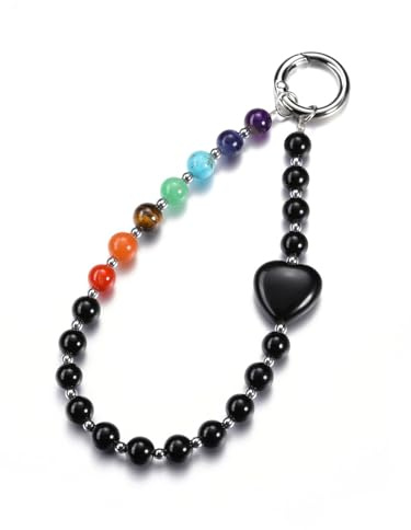 PiercingJak Handykette aus Naturstein Chakra Tigerauge Bergkristall Obsidian echte Steine, Handmade kurzer Handyanhänger mit Perlen, Beaded Handyband Phone Charm mit passgenauer Lasche