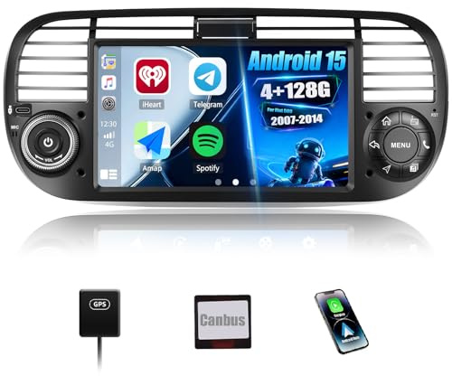 CAMECHO 4+128G Android 15 Autoradio per Fiat 500 2007-2014, 7 Pollici Incell Radio con Bluetooth Wireless Carplay Android Auto FM/RDS WIFI GPS Mirror Link Touchscreen 2Din +Canbus