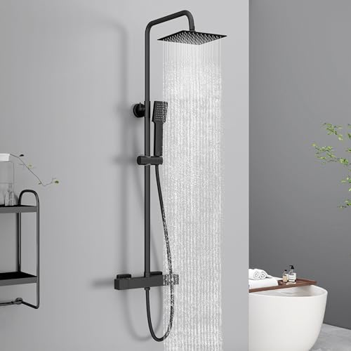 HAPAOSO Colonne de Douche Mitigeur Thermostatique- Hauteur Réglable 75-128 cm- Pommeau de Douche 20 x 20 cm- Inox &Laiton