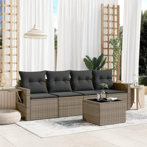 Owoxanthellate Set di 5 divani da giardino in rattan sintetico, 55 x 62 x 69 cm, grigio con tavolo in vetro, cuscino resistente alle intemperie e braccioli pieghevoli per balcone, terrazza e giardino