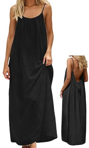 makabaky Robe Cami Dos Nu avec Bretelles Spaghetti-Maxi Robe d'Été Confortable pour Plage, Vacances & Lounge-Robe Longue Légère pour Femme