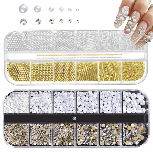 KAFZEL 2 Scatola Decorazioni unghie, Perle, Nail art, Ciondoli per Unghie, piccole per-line, Strass scintillanti per nail art, per nail-fai da te