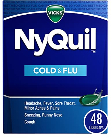 Vicks NyQuil Cold & Flu Relief Over-the-Counter Medicine, Powerful Multi-Symptom Nighttime Relief for Headache, Fever, Sore Throat, Aches, Sneezing, Runny Nose & Cough, 48 LiquiCaps
