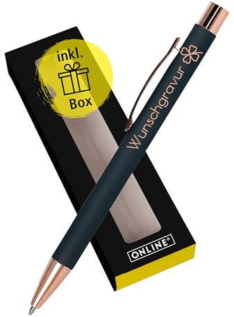Online Personalisierter Kugelschreiber mit Gravur Soft Metal Grey Rosegold in Geschenkbox I Softtouch Feeling I auswechselbare Großraum-Mine I Schreibfarbe blau I Aluminium I persönliches Geschenk
