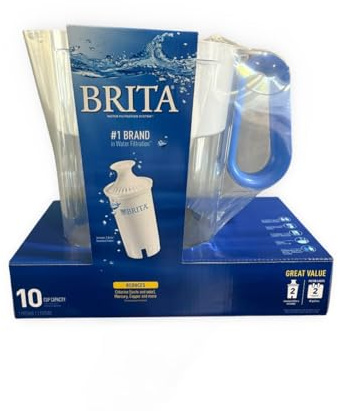 Brita Large Water Filter Pitcher with 2 Standard Filters, 10-Cup Capacity, BPA-Free, Blue, Reduces Chlorine Mercury Copper