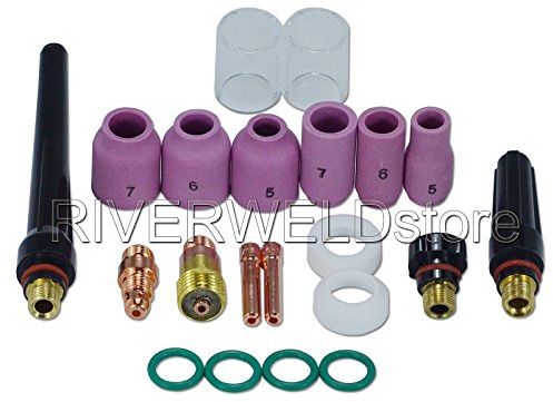 RIVERWELD WIG Stubby Gaslinse Spannzangenkörper 17CB20 17GL 53N 13N Set | 21Stk WIG Aluminadüse Keramikdüse Quarzdüse 17GL332 10N24S 3/32 #10 5/8 16mm kompatibel zu WP 17 18 26