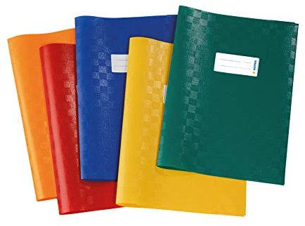 HERMA 20209 Heftumschläge A4 Bast Bunt, 5 Stück, Hefthüllen mit Beschriftungsetikett und Baststruktur aus strapazierfähiger und abwischbarer Polypropylen-Folie, Heftschoner Set für Schulhefte, farbig