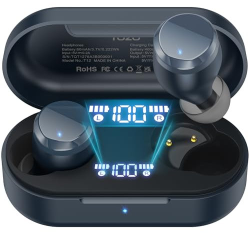 TOZO T12 Wireless Earbuds Bluetooth 5.3 Headphones Premium Sound Performance Touch Control LED Digital Display Wireless Charging Case Earphones (Blue, Small Compact)