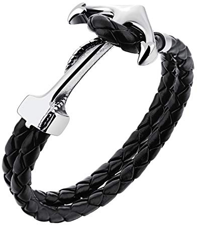 MENDOZZA Män ankare armband läder rostfritt stål svart silver, 21 centimeter, Läder,