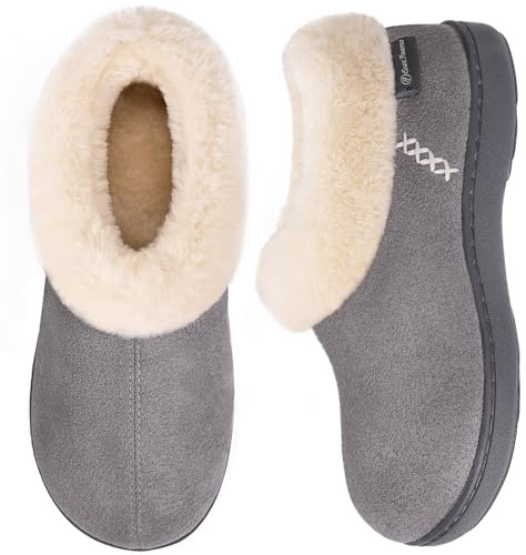 EverFoams Women's Microsuede Fuzzy Plush Lined Slippers with Cozy Memory Foam Grey,Size 7-8 UK