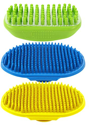 Fantesi 3 x Haustier-Pflegebürste, 3-in-1-Bürste, Gummi für Hunde und Katzen, beruhigende Massage, Bad, Enthaarungsbürsten mit verstellbarem Griff für kurzes und langes Haar (grün, blau, gelb)
