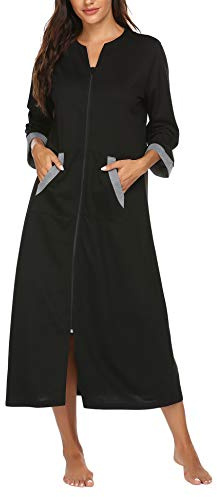 Ekouaer Women Zipper Robe 3/4 Sleeves Loungewear Dress Full Length Sleepwear Pockets Housecoat Nightgown Long Bathrobe