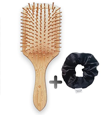 Brosse à cheveux en bois de bambou naturel avec chouchou en satin noir - picots en bambou pour masser le cuir chevelu et démêler tous les types de cheveux -Limite l'effet électricité statique