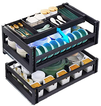 KüChenschrank Organizer Ausziehbar Schublade, Einbauschublade für KüChenschrank, Teleskopschublade 60 cm mit Boden, NachrüSten KüChenschublade mit Licht Bodenmontage, Dampfungspuffers B,710